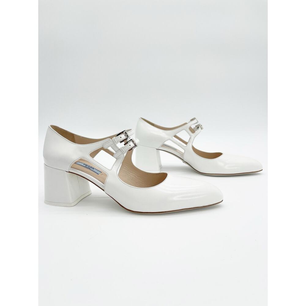 Prada F/W15 Runway White Brushed Leather Double Strap Mary Jane Heels IT 42